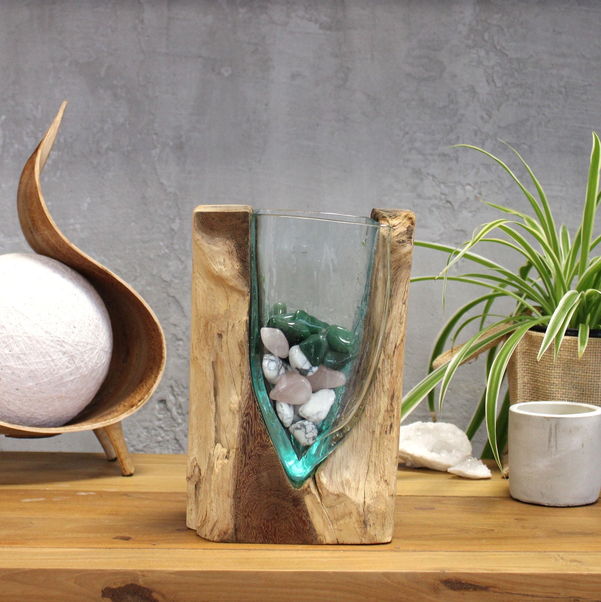 Molten Glass V - shaped Art Vase on Wood - Luna Panther