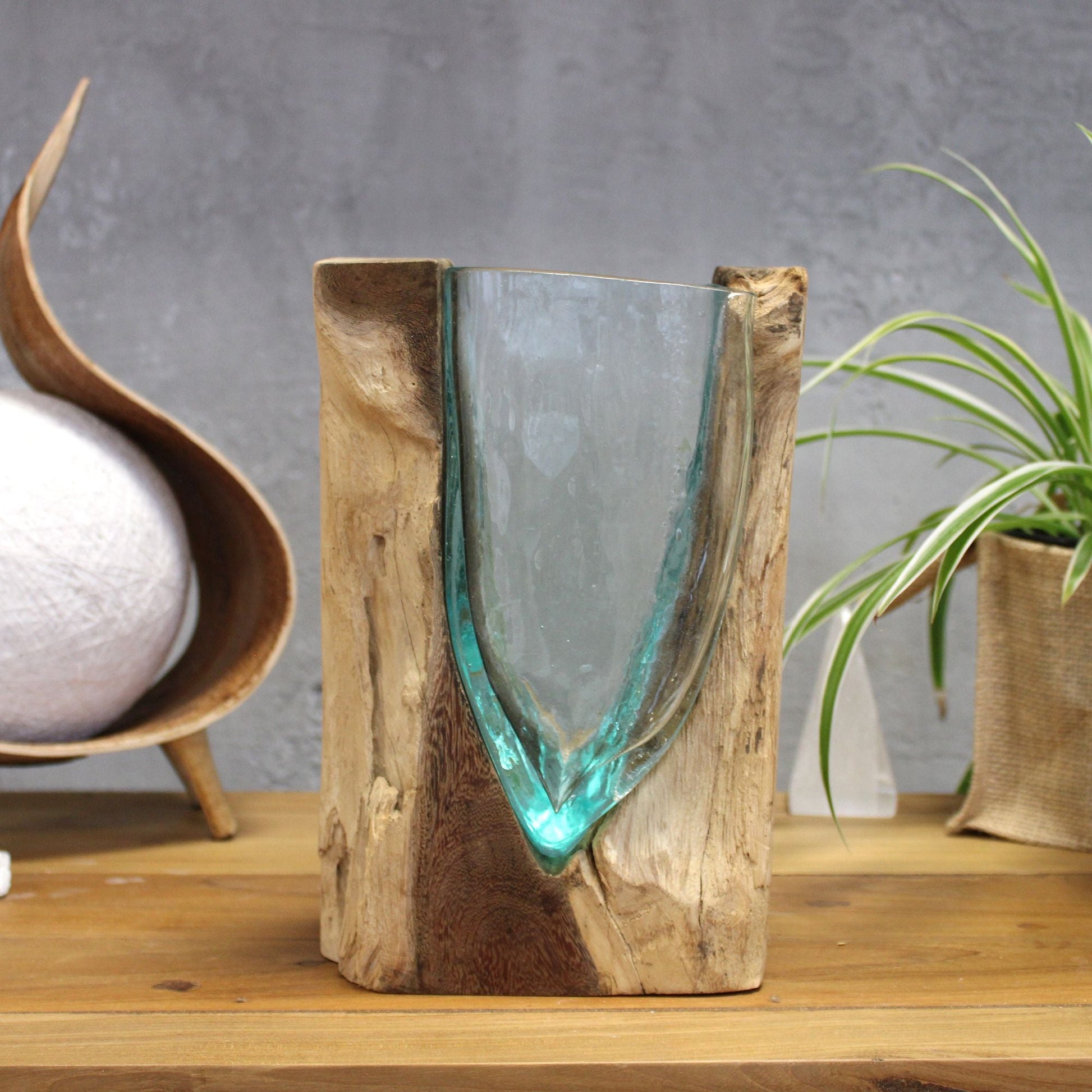 Molten Glass V - shaped Art Vase on Wood - Luna Panther