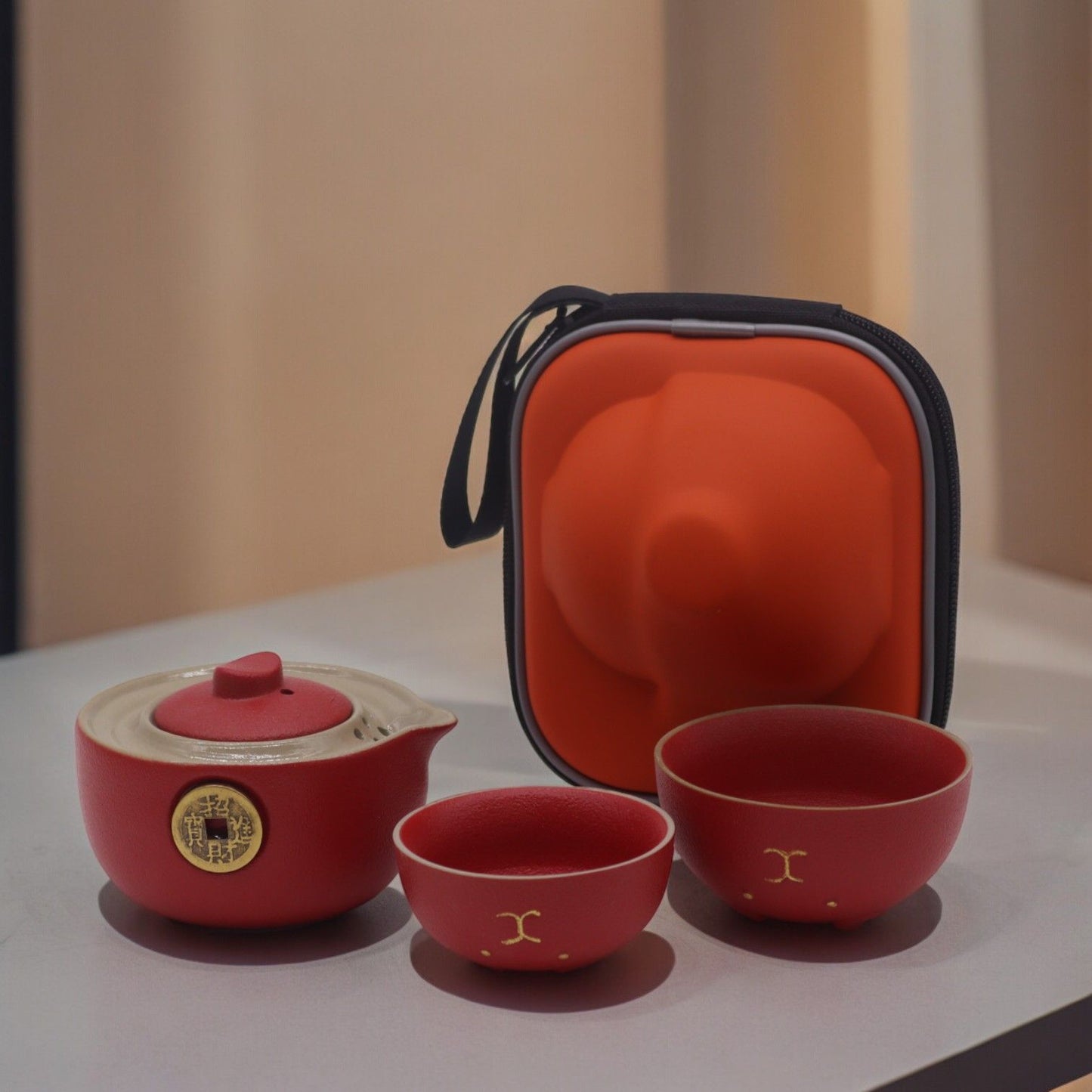 Polished Money Cat Teapot Set - Two Cups - Travel Pack - Red featuring natural patterning and unique variations - Luna Panther