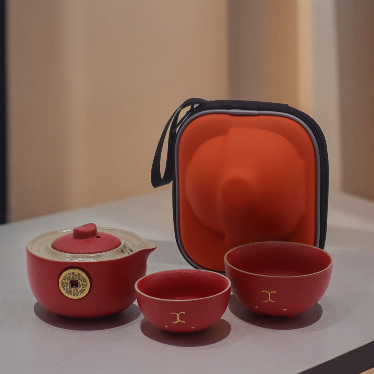 Polished Money Cat Teapot Set - Two Cups - Travel Pack - Red featuring natural patterning and unique variations - Luna Panther