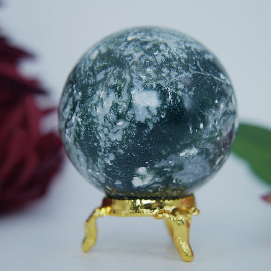 Polished Moss Agate Sphere 285g 60mm featuring green mossy inclusions in translucent base - Luna Panther