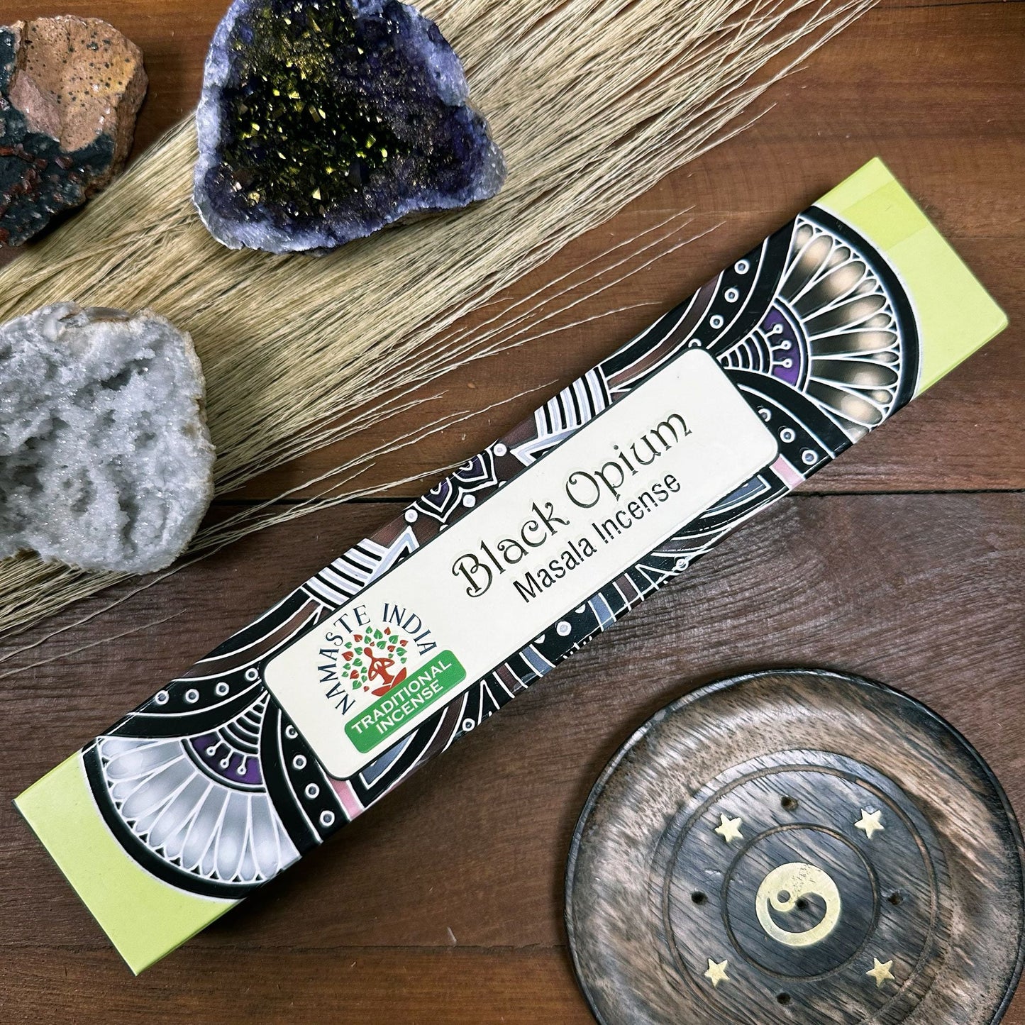 Polished Namaste Mandala Masala Incense Black Opium featuring natural patterning and unique variations - Luna Panther