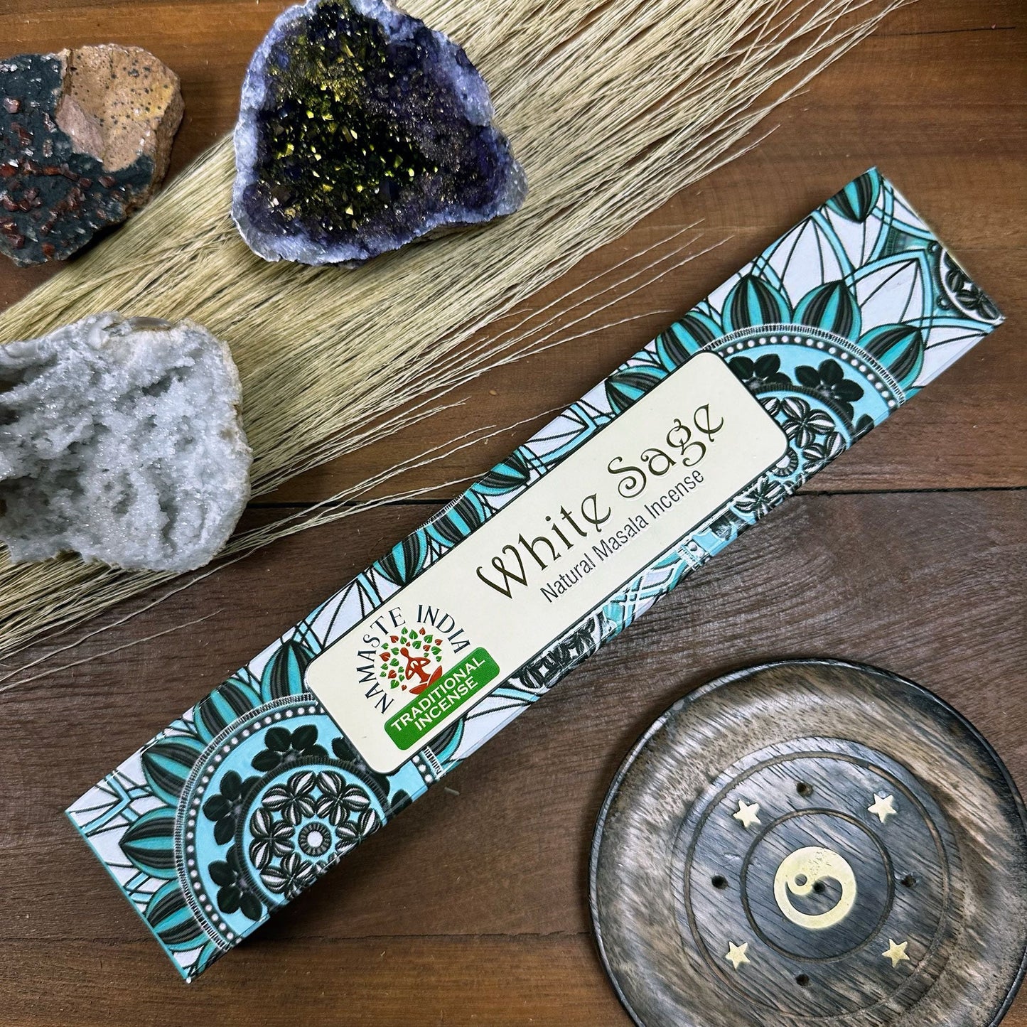 Polished Namaste Mandala Masala Incense White Sage featuring natural patterning and unique variations - Luna Panther