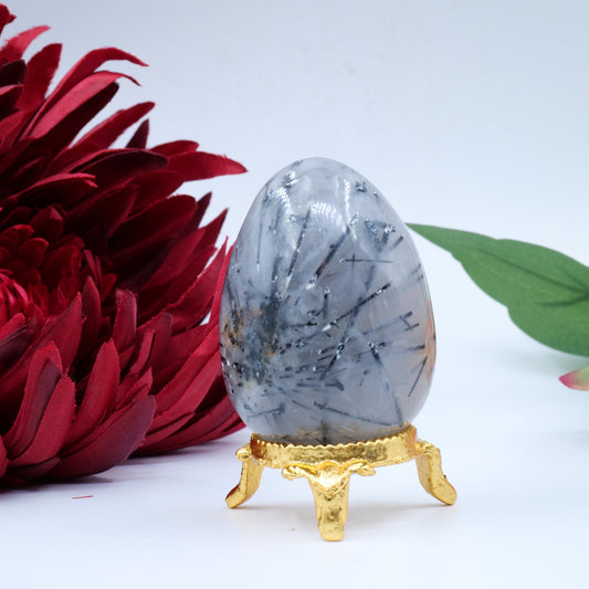 Polished Natural Black Rutile Quartz Egg 130g featuring natural patterning and unique variations - Luna Panther