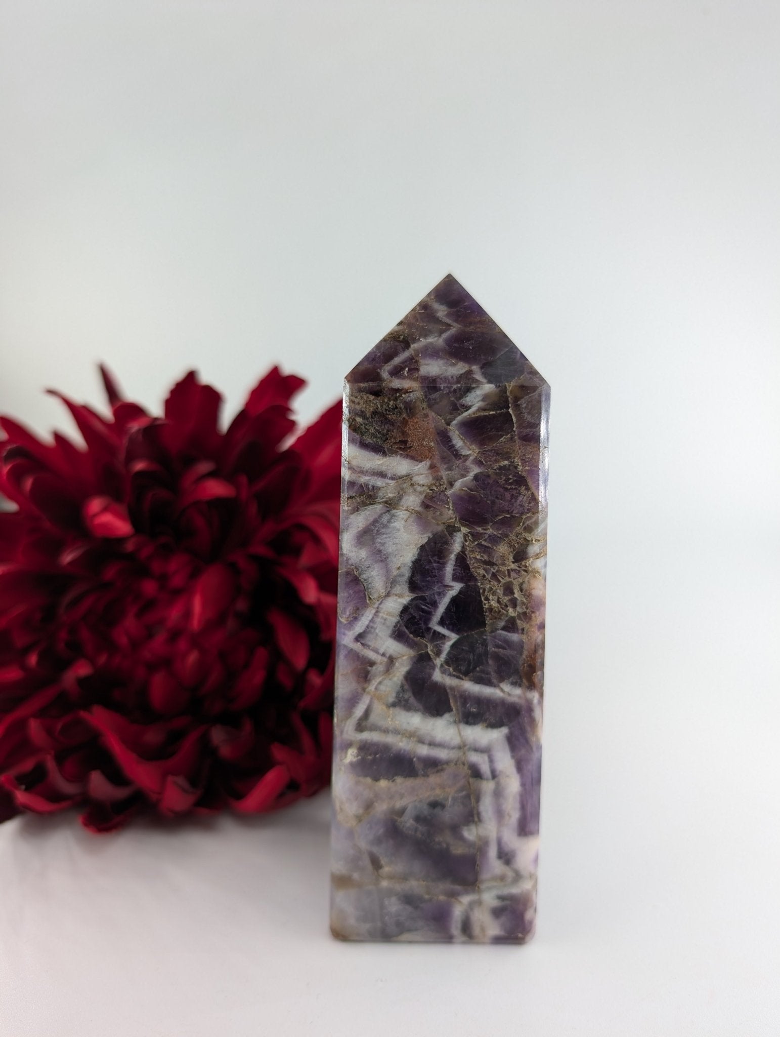 Polished Natural Chevron Amethyst Tower 575g featuring rich purple colour and natural clarity - Luna Panther