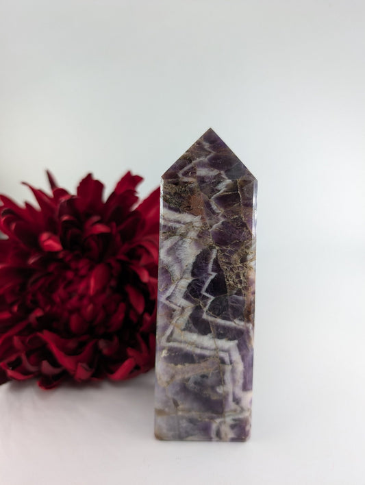 Polished Natural Chevron Amethyst Tower 575g featuring rich purple colour and natural clarity - Luna Panther