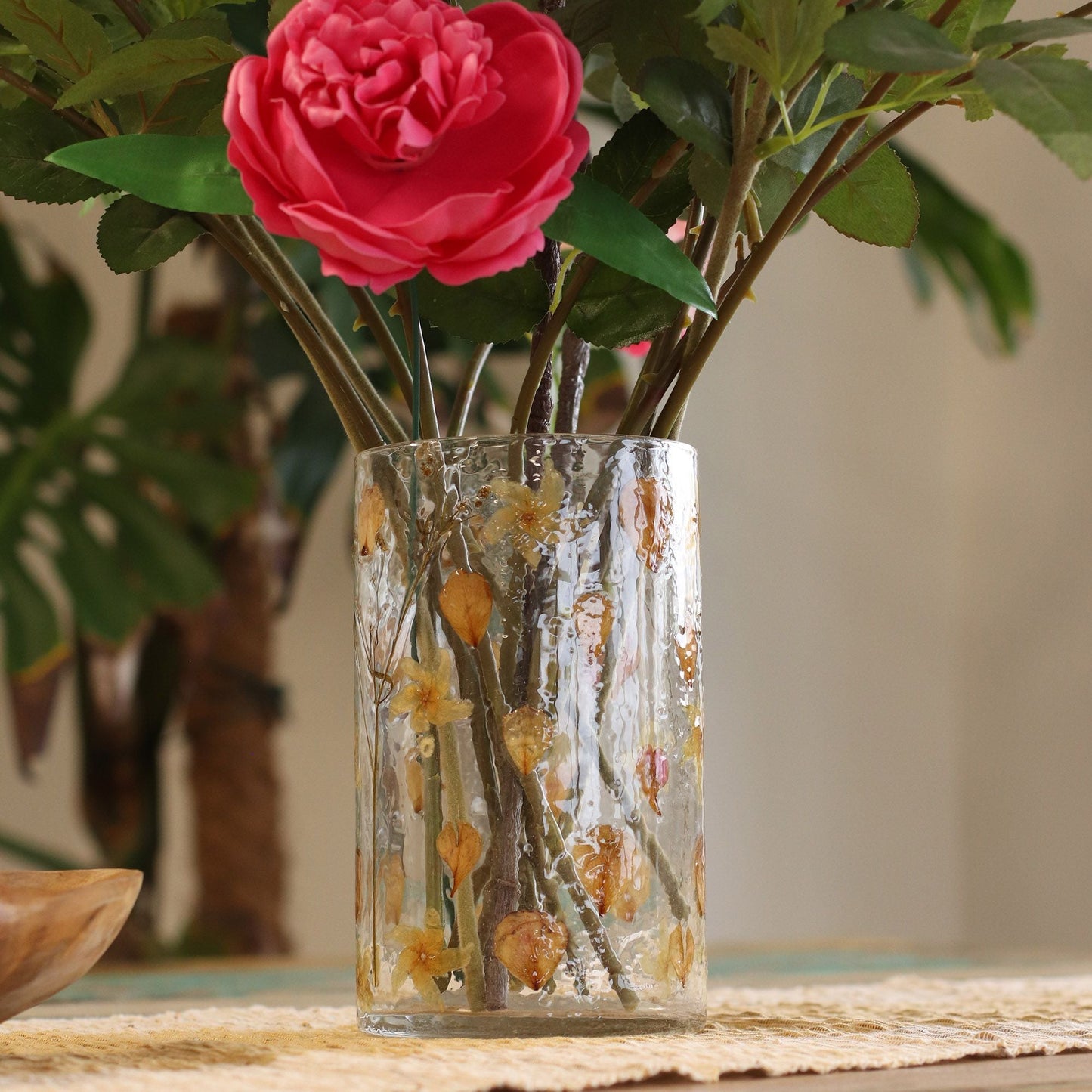 Natural Floral Glass - Tall Vase Candle Holder - Rose - (19x11cm) - Luna Panther