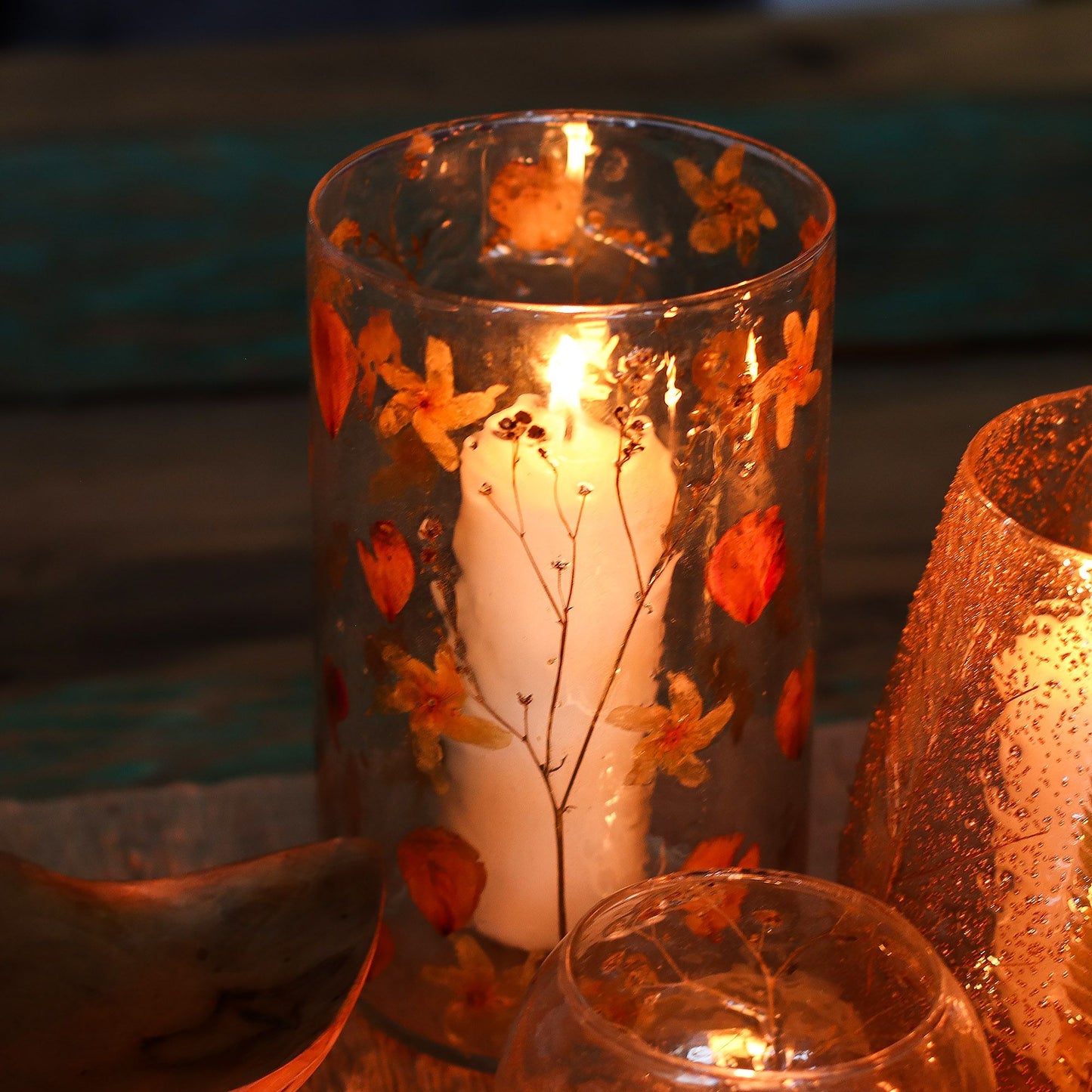 Natural Floral Glass - Tall Vase Candle Holder - Rose - (19x11cm) - Luna Panther
