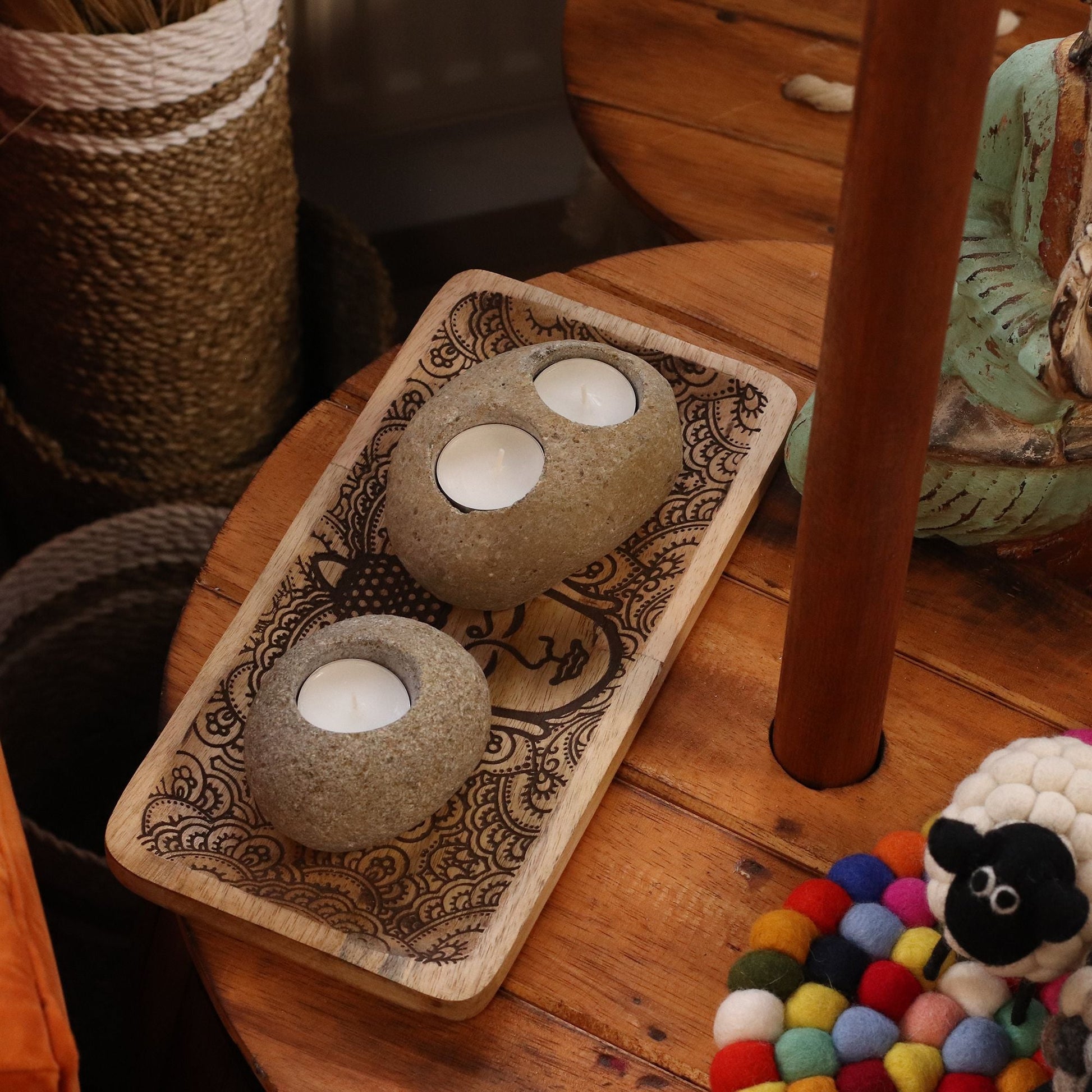 Natural Riverstone Candle Holder - Double Nightlight - Luna Panther