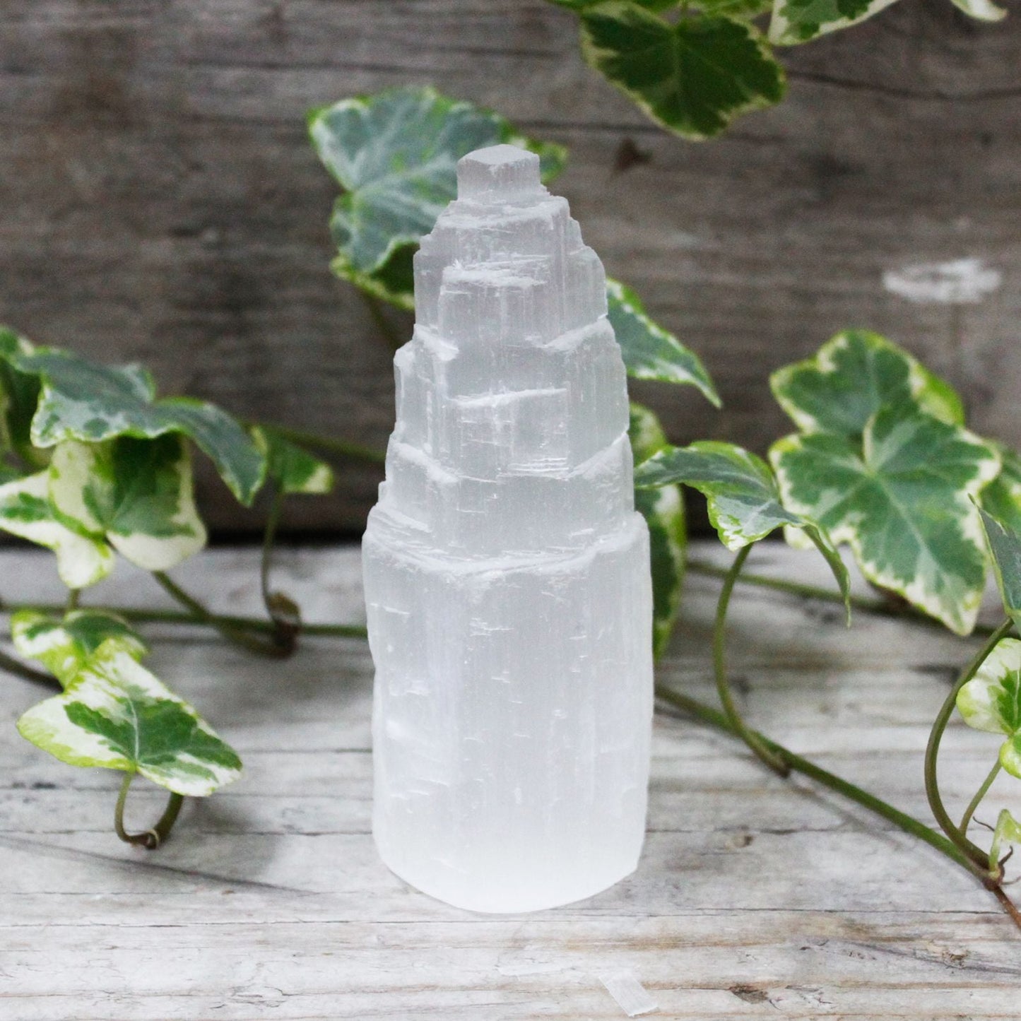 Polished Natural Selenite Tower - 10 cm featuring satin white sheen and fibrous texture - Luna Panther