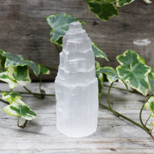 Polished Natural Selenite Tower - 10 cm featuring satin white sheen and fibrous texture - Luna Panther