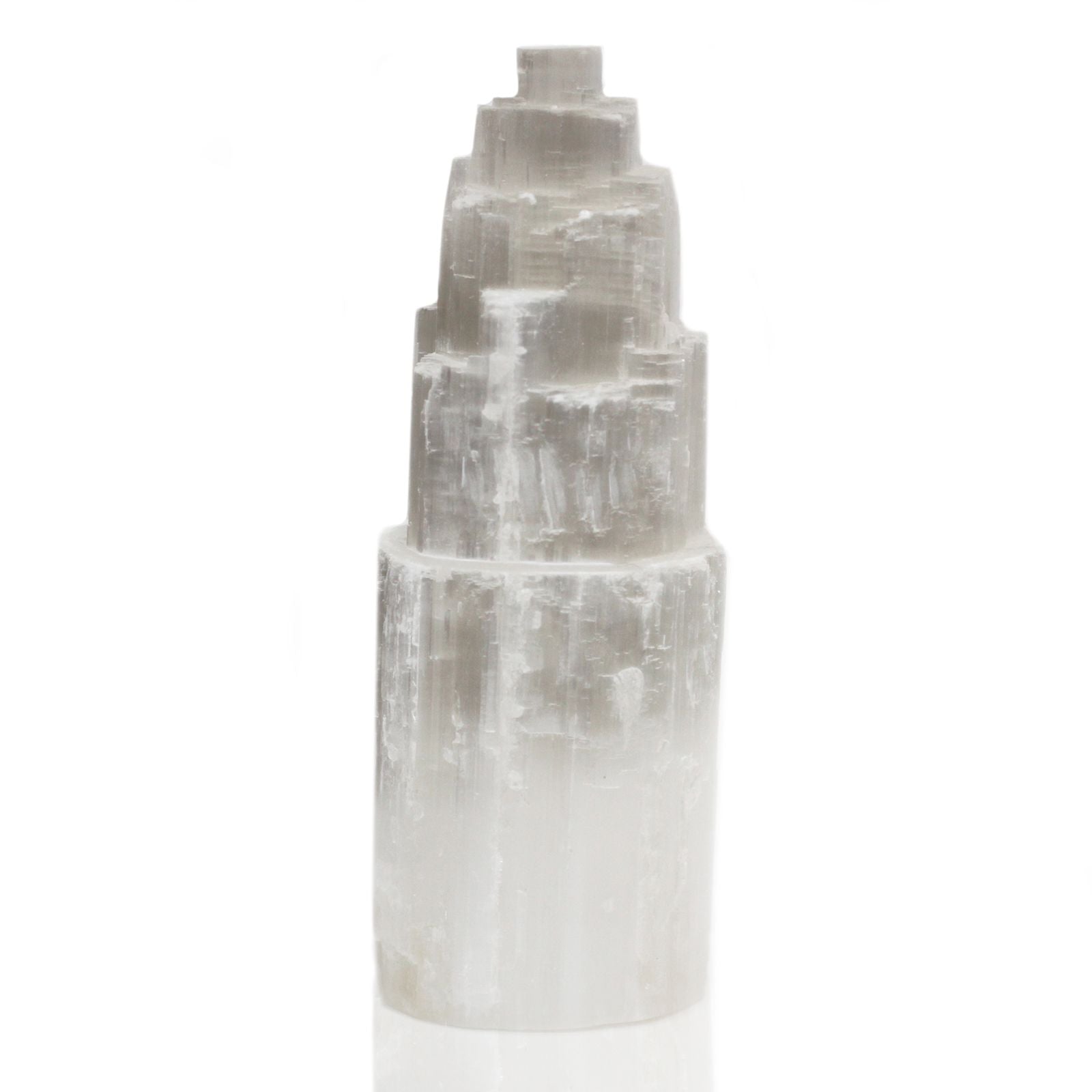 Polished Natural Selenite Tower Lamp - 25 cm featuring satin white sheen and fibrous texture - Luna Panther