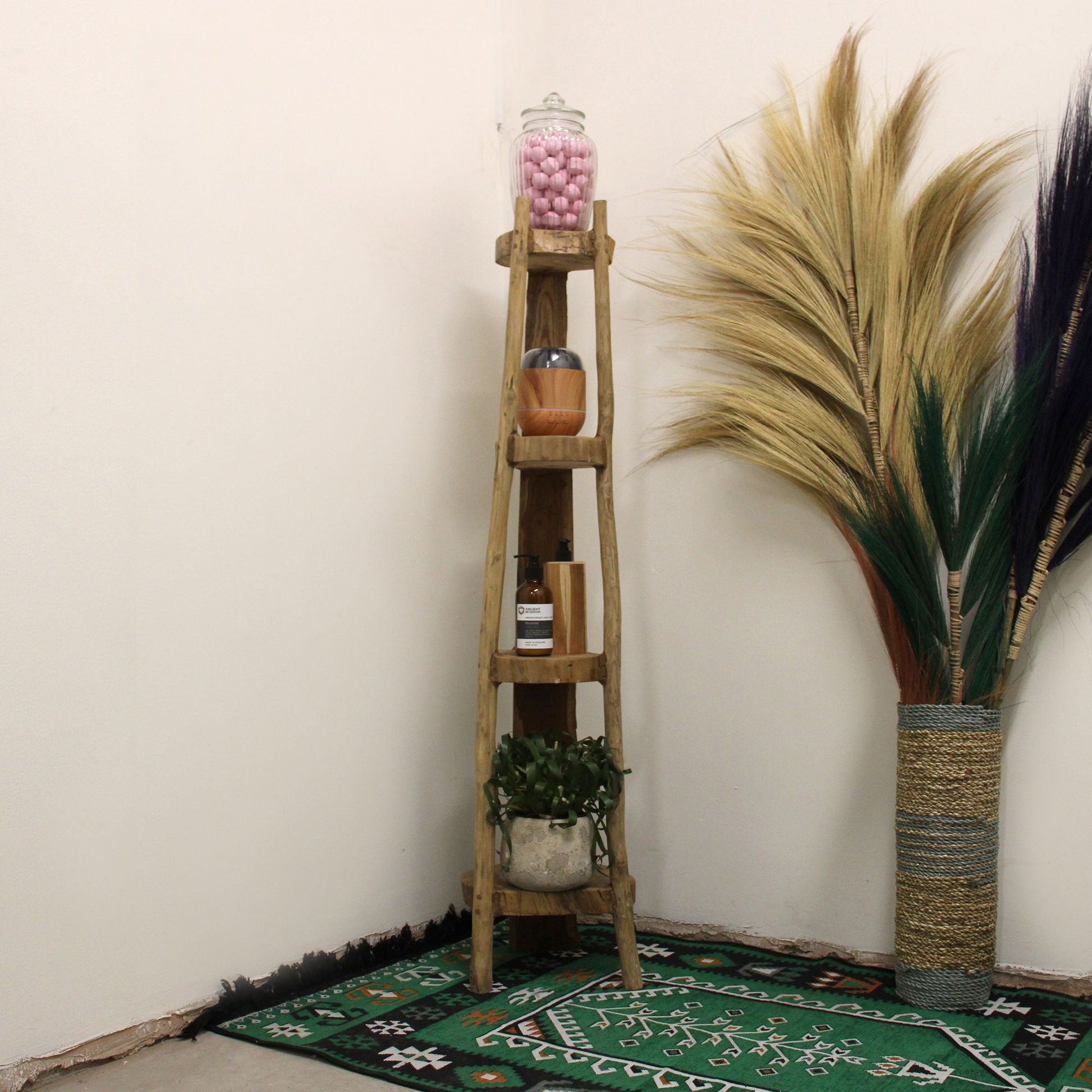 Natural Teak Corner Unit – 4 Shelves, 135 cm High — product, image 2 of 4.