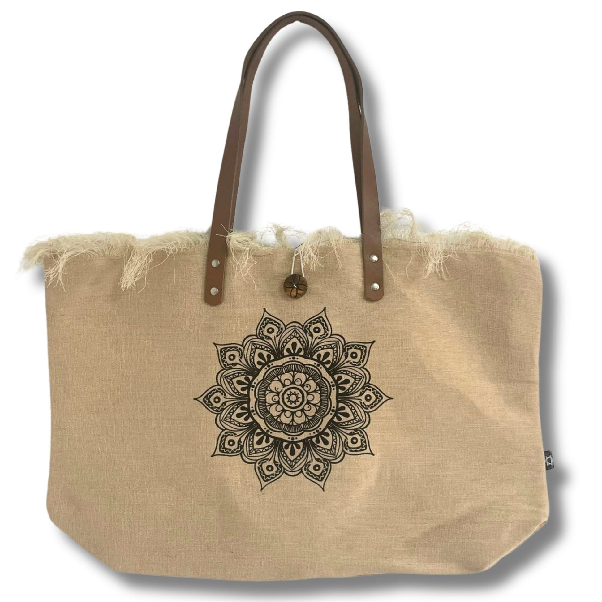 Polished Natural Tote Bag Leather Handle - Flower of Life featuring natural patterning and unique variations - Luna Panther