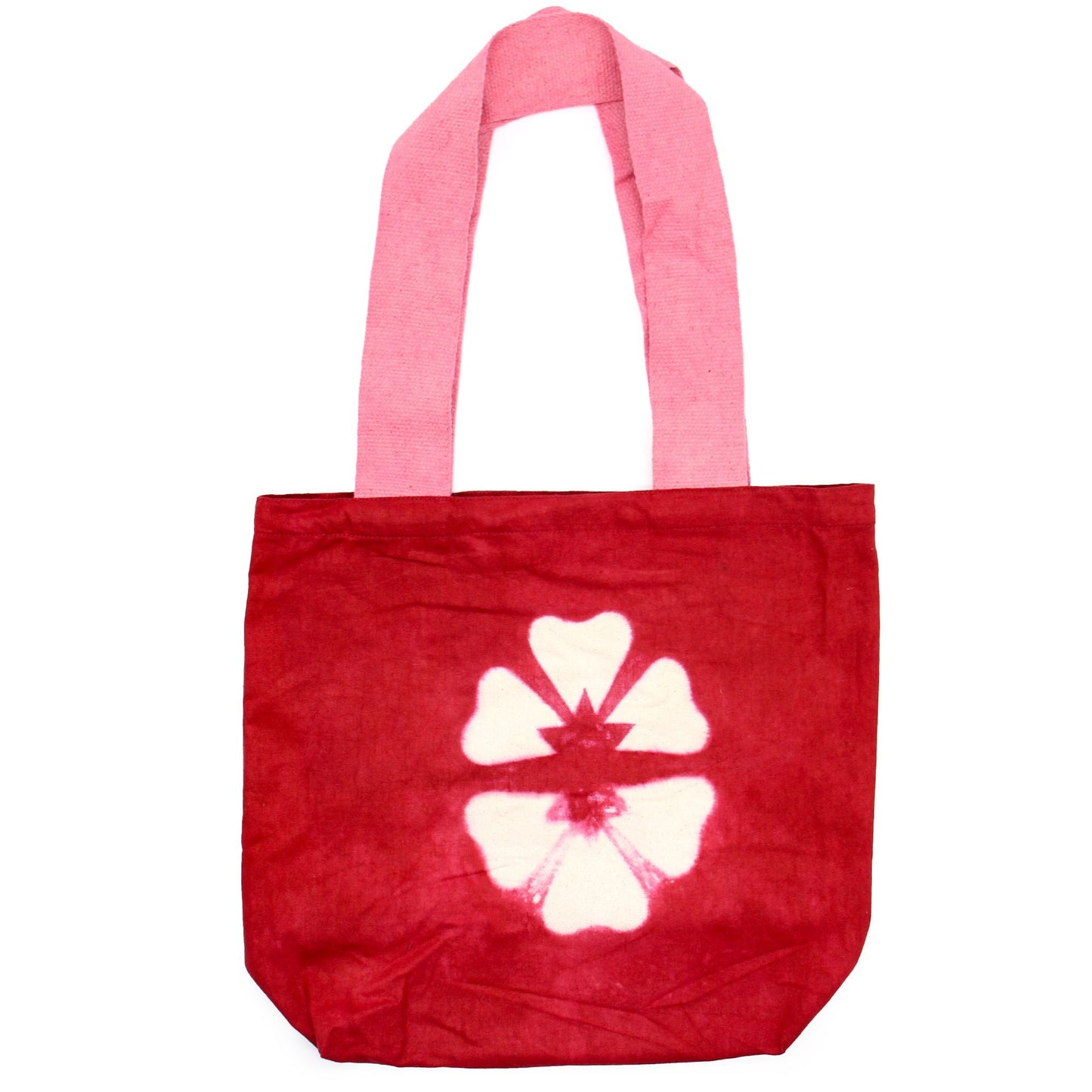 Polished Natural Tie-Dye Cotton Bag (8oz) - 38x42x12cm - Maroon Flower - Pink Handle featuring natural patterning and unique variations - Luna Panther