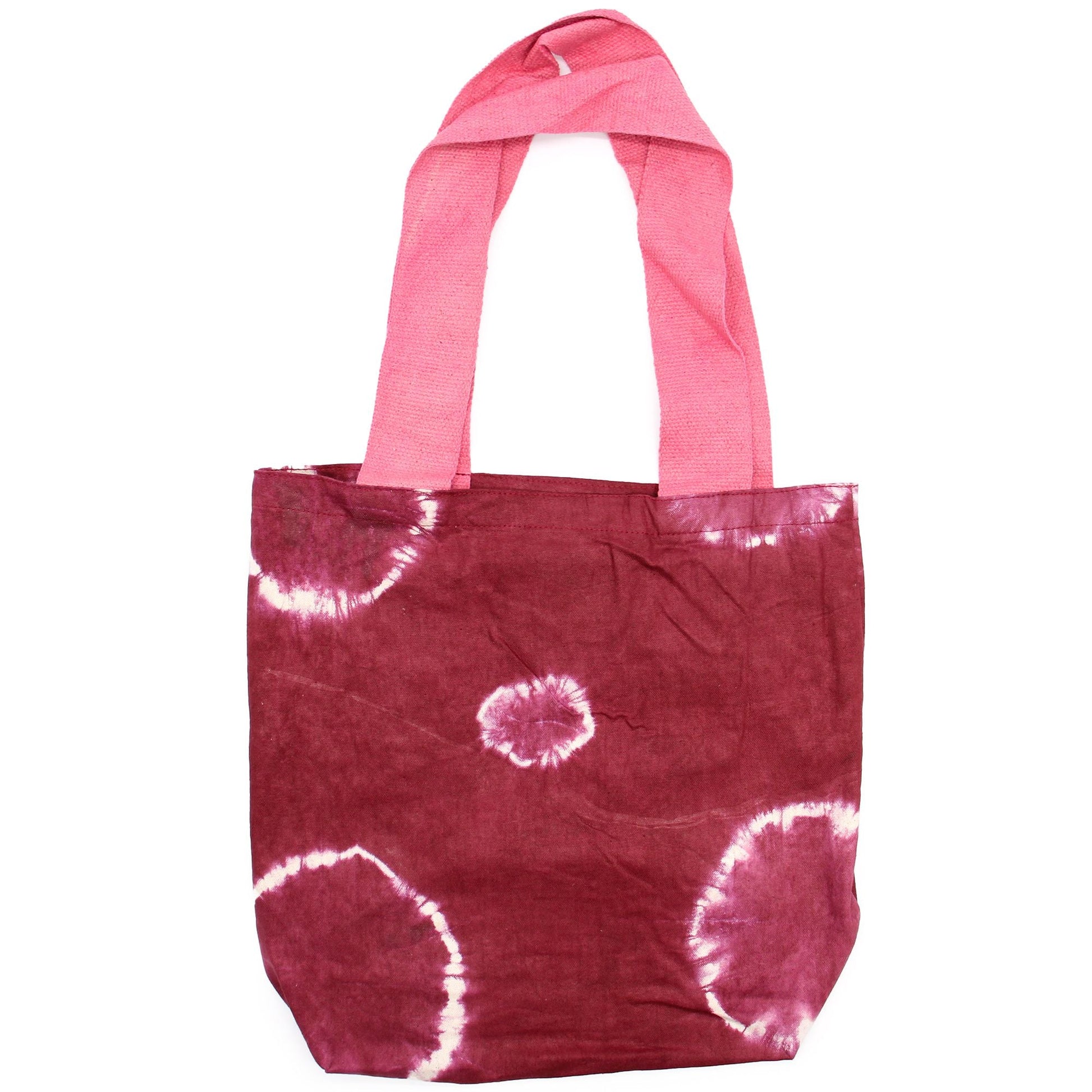 Polished Natural Tie-Dye Cotton Bag (8oz) - 38x42x12cm - Maroon Rings - Pink Handle featuring natural patterning and unique variations - Luna Panther