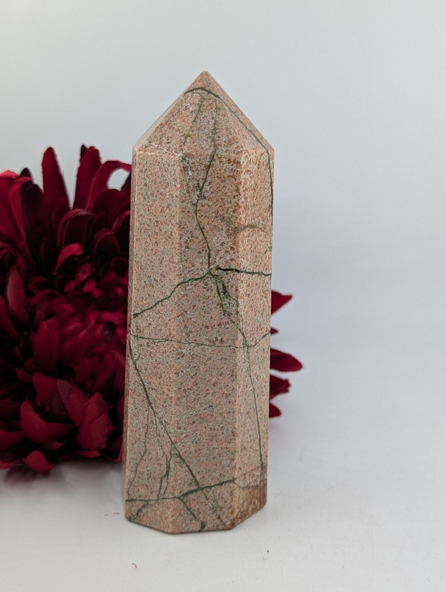 Polished Natural Unakite Point 523g featuring green and pink mottled pattern - Luna Panther