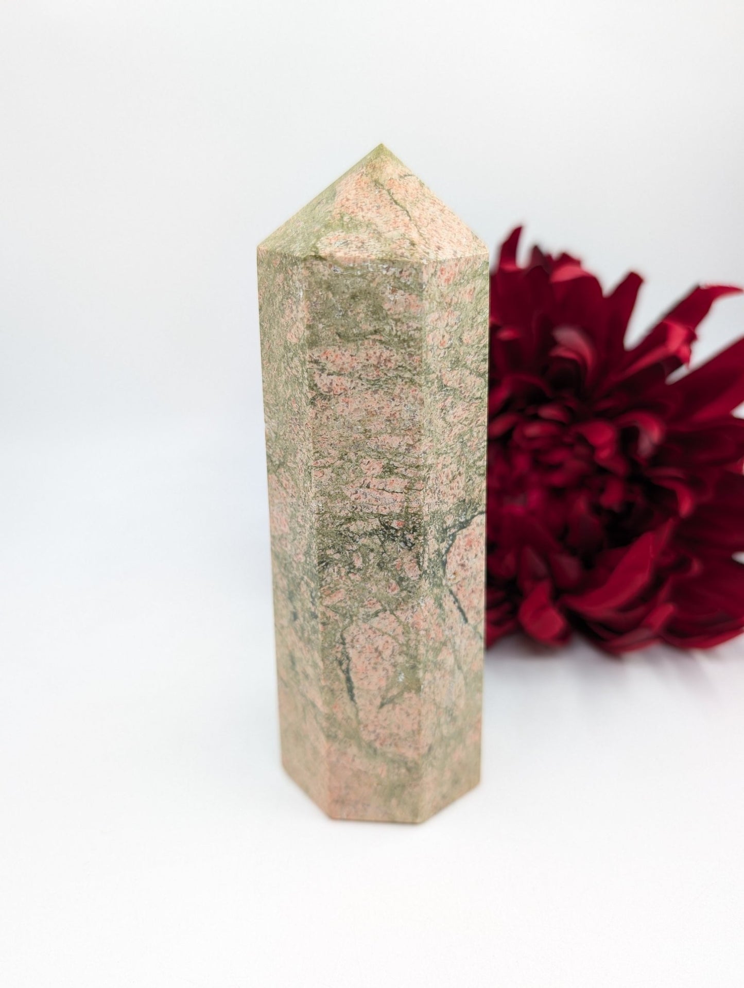 Polished Natural Unakite Tower 610g featuring green and pink mottled pattern - Luna Panther