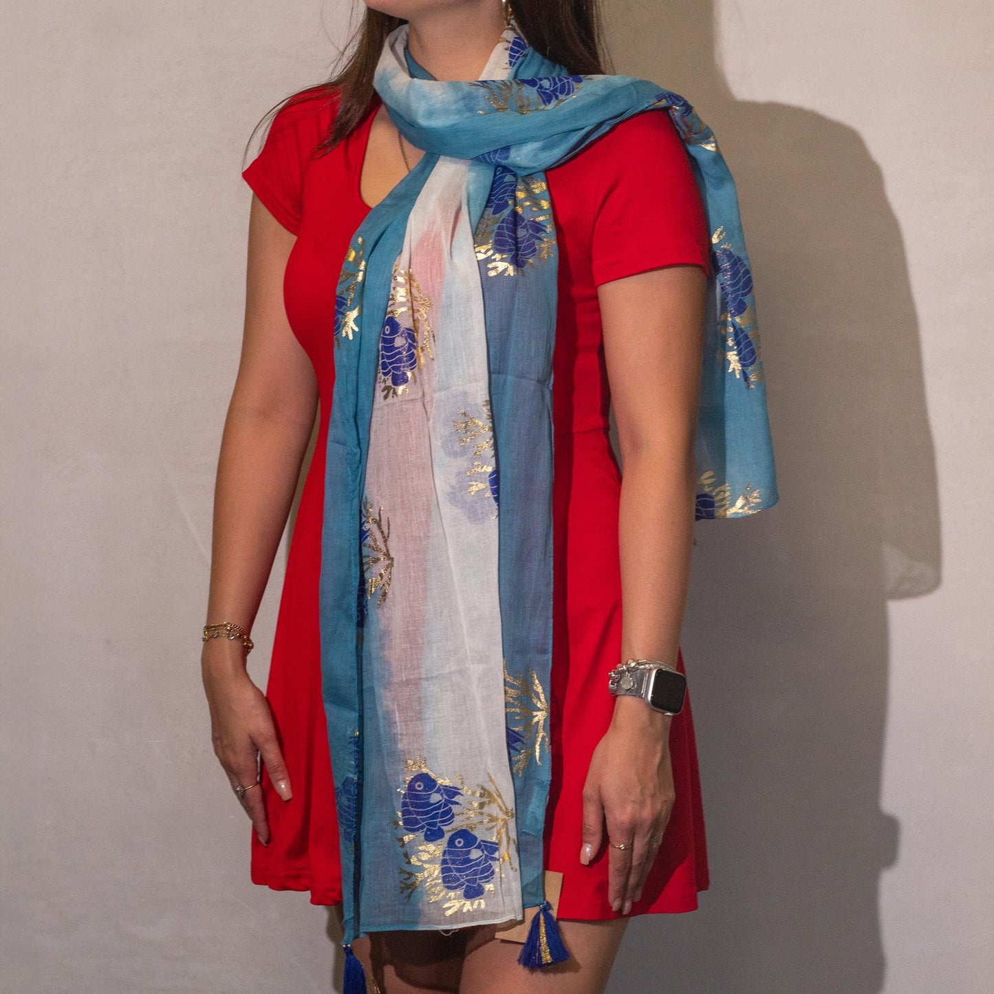 Nomad Sari Aqua Fish Scarf - Sea Blue (180x50cm) - Luna Panther