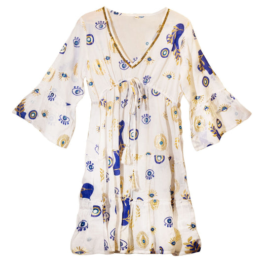Nomad Sari Evil Eye Dress - White, Blue & Gold - Size L/XL - Luna Panther