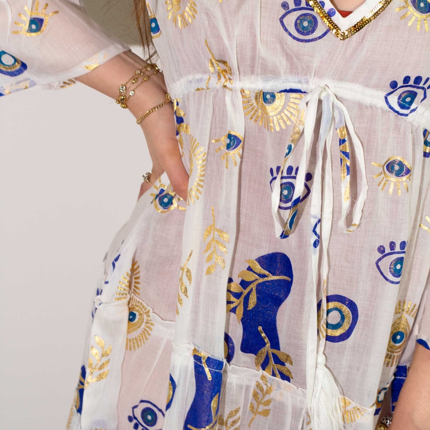 Nomad Sari Evil Eye Dress - White, Blue & Gold - Size L/XL - Luna Panther