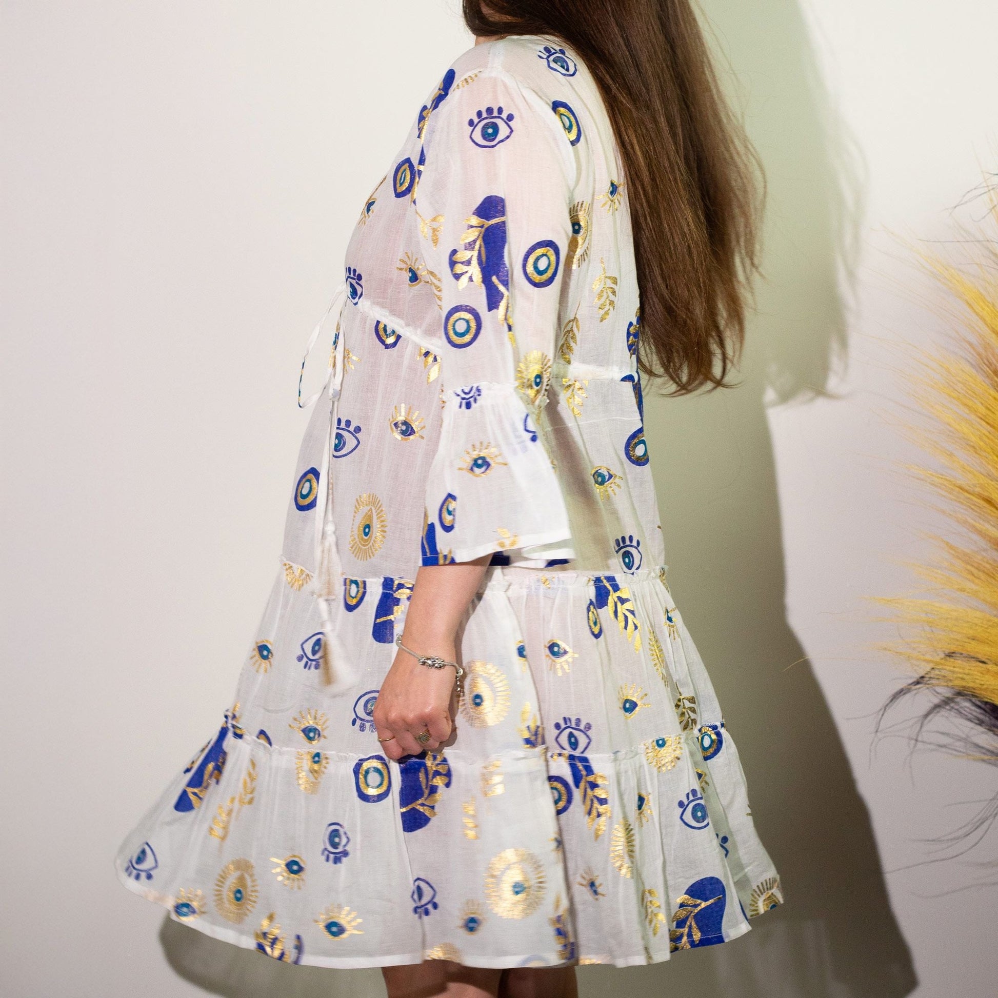 Nomad Sari Evil Eye Dress - White, Blue & Gold - Size M/L - Luna Panther