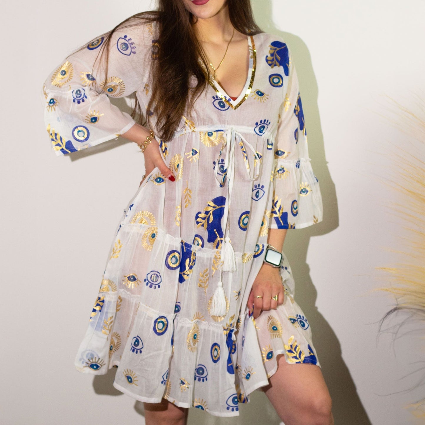 Nomad Sari Evil Eye Dress - White, Blue & Gold - Size M/L - Luna Panther