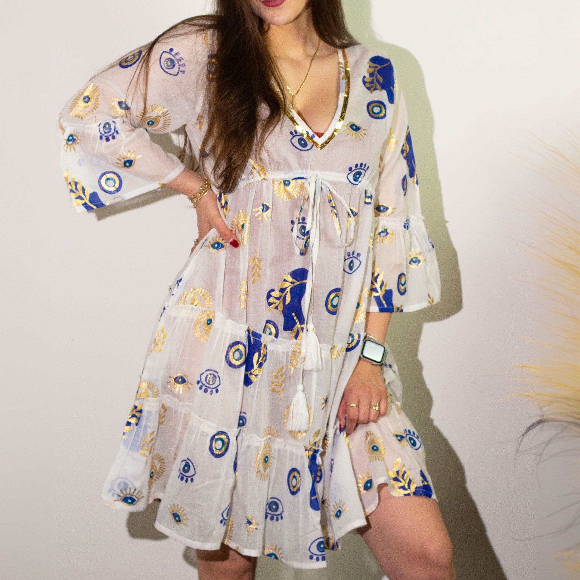 Nomad Sari Evil Eye Dress - White, Blue & Gold - Size M/L - Luna Panther