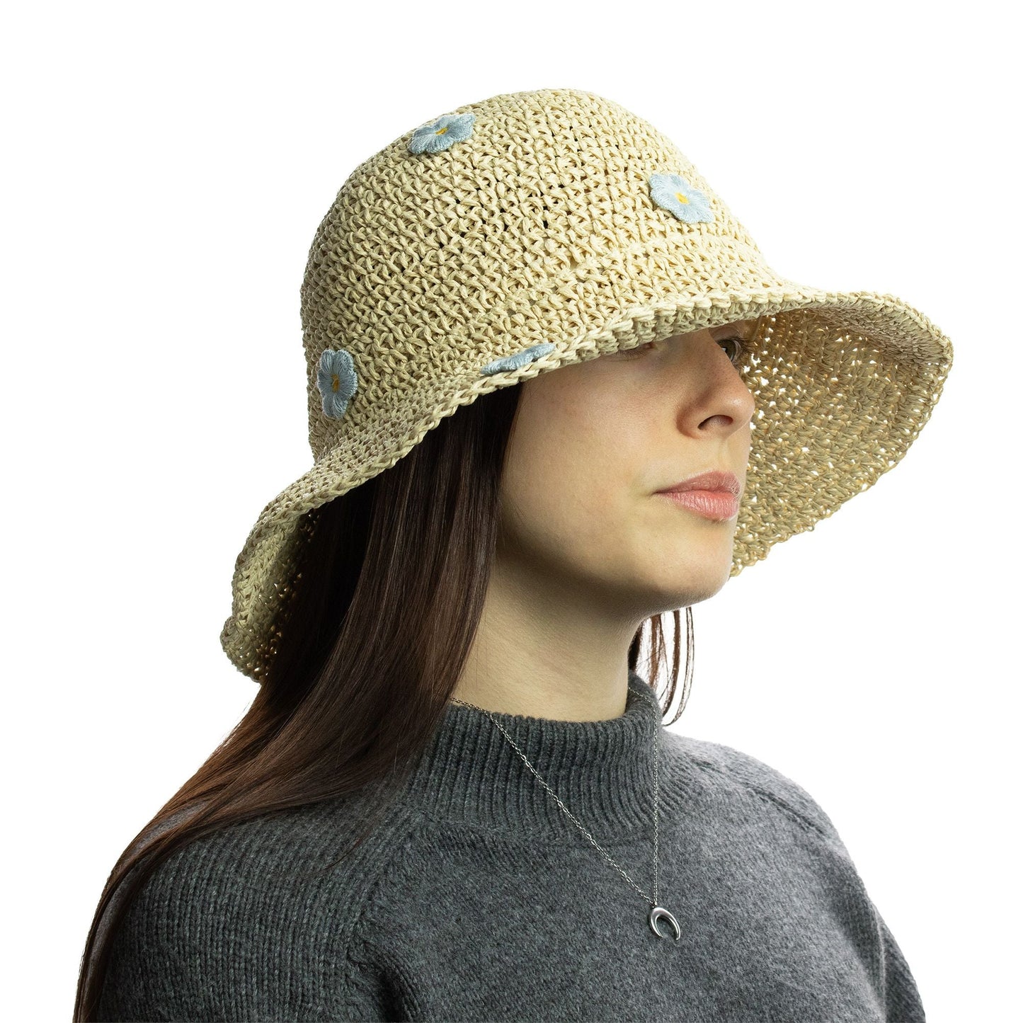Nomad Sari Floppy Straw Sun Hat - Beige & Blue Flowers - Luna Panther