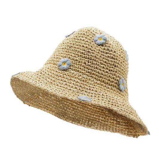 Nomad Sari Floppy Straw Sun Hat - Beige & Blue Flowers - Luna Panther