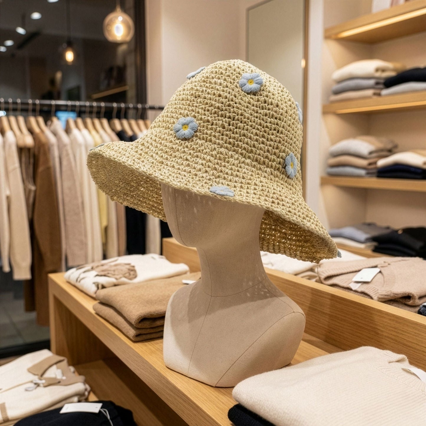 Nomad Sari Floppy Straw Sun Hat - Beige & Blue Flowers - Luna Panther