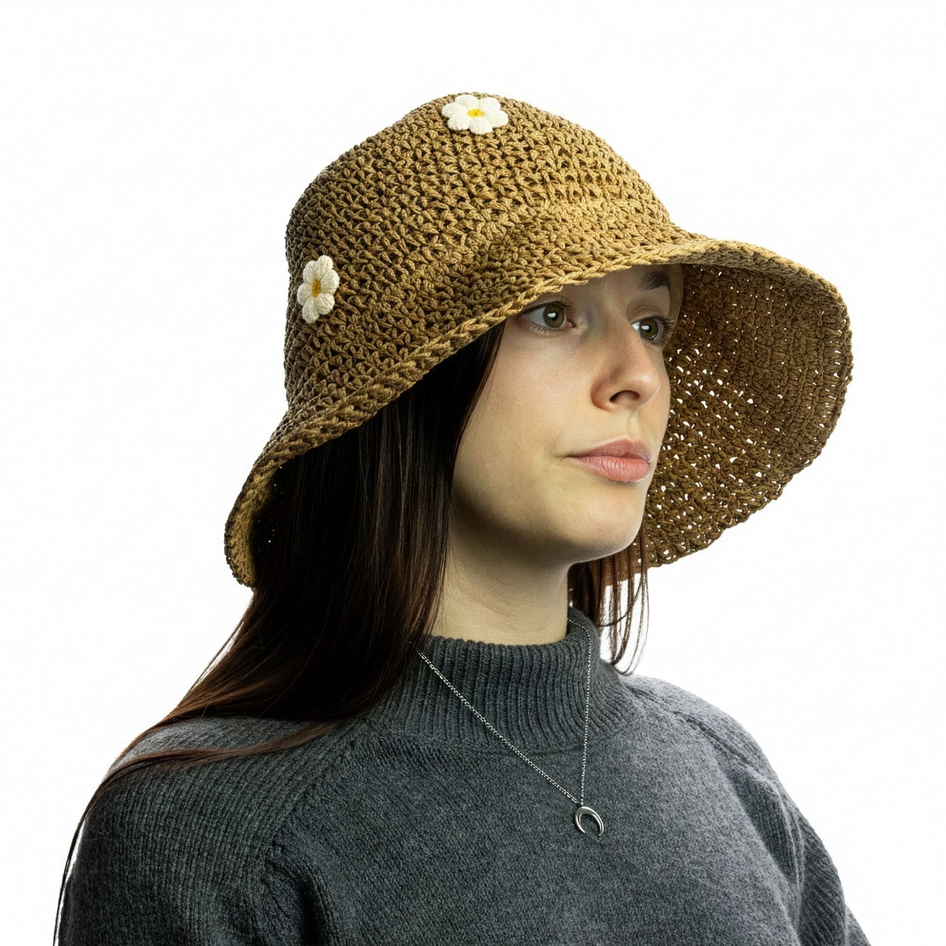 Nomad Sari Floppy Straw Sun Hat - Coffee & Daisies - Luna Panther
