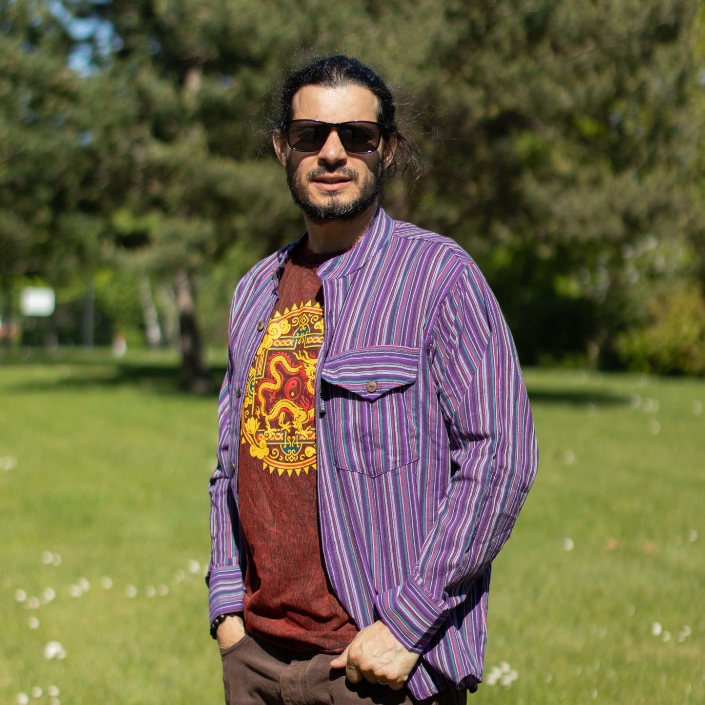 Nomad Sari Grandad Shirt - Black Purple - Medium - Luna Panther