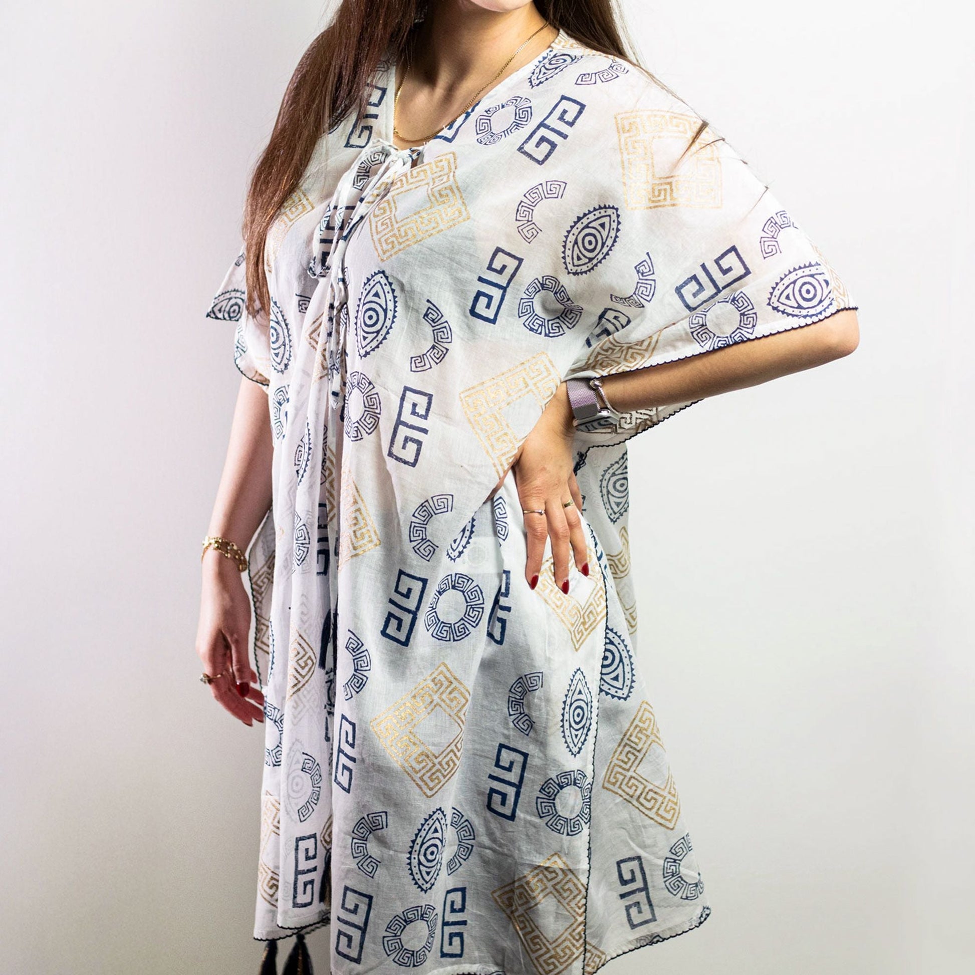 Nomad Sari Kaftan - Blue & Gold Greek Motif Print - Luna Panther