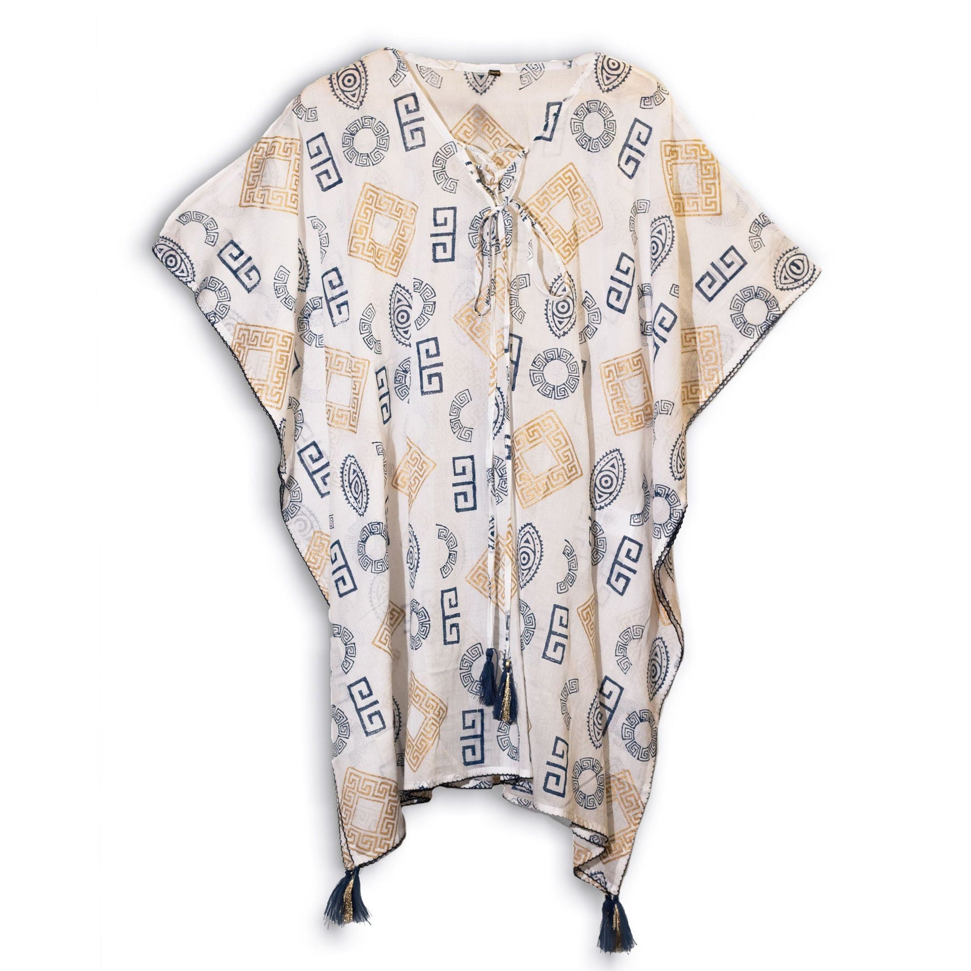 Nomad Sari Kaftan - Blue & Gold Greek Motif Print - Luna Panther