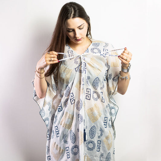 Nomad Sari Kaftan - Blue & Gold Greek Motif Print - Luna Panther