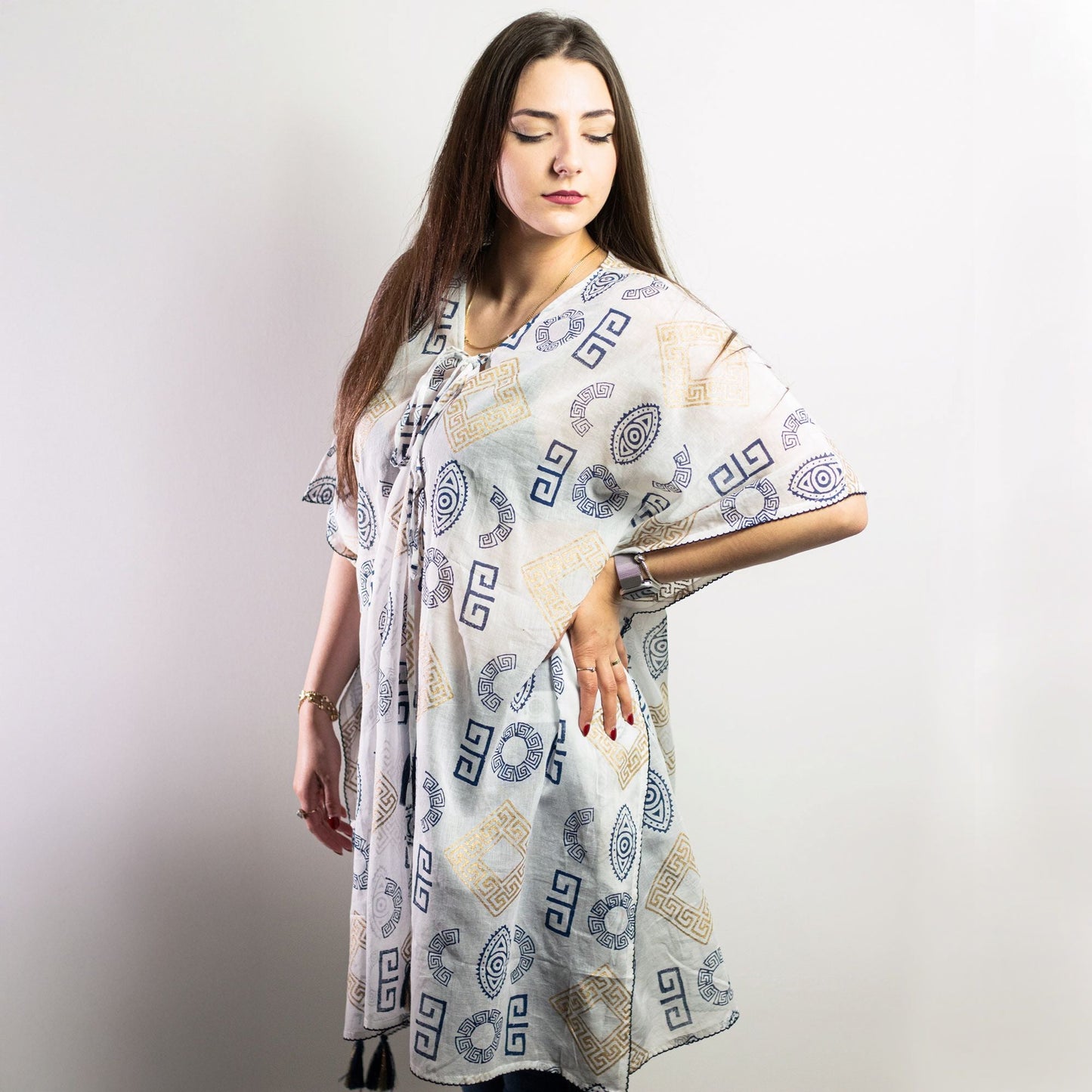 Nomad Sari Kaftan - Blue & Gold Greek Motif Print - Luna Panther