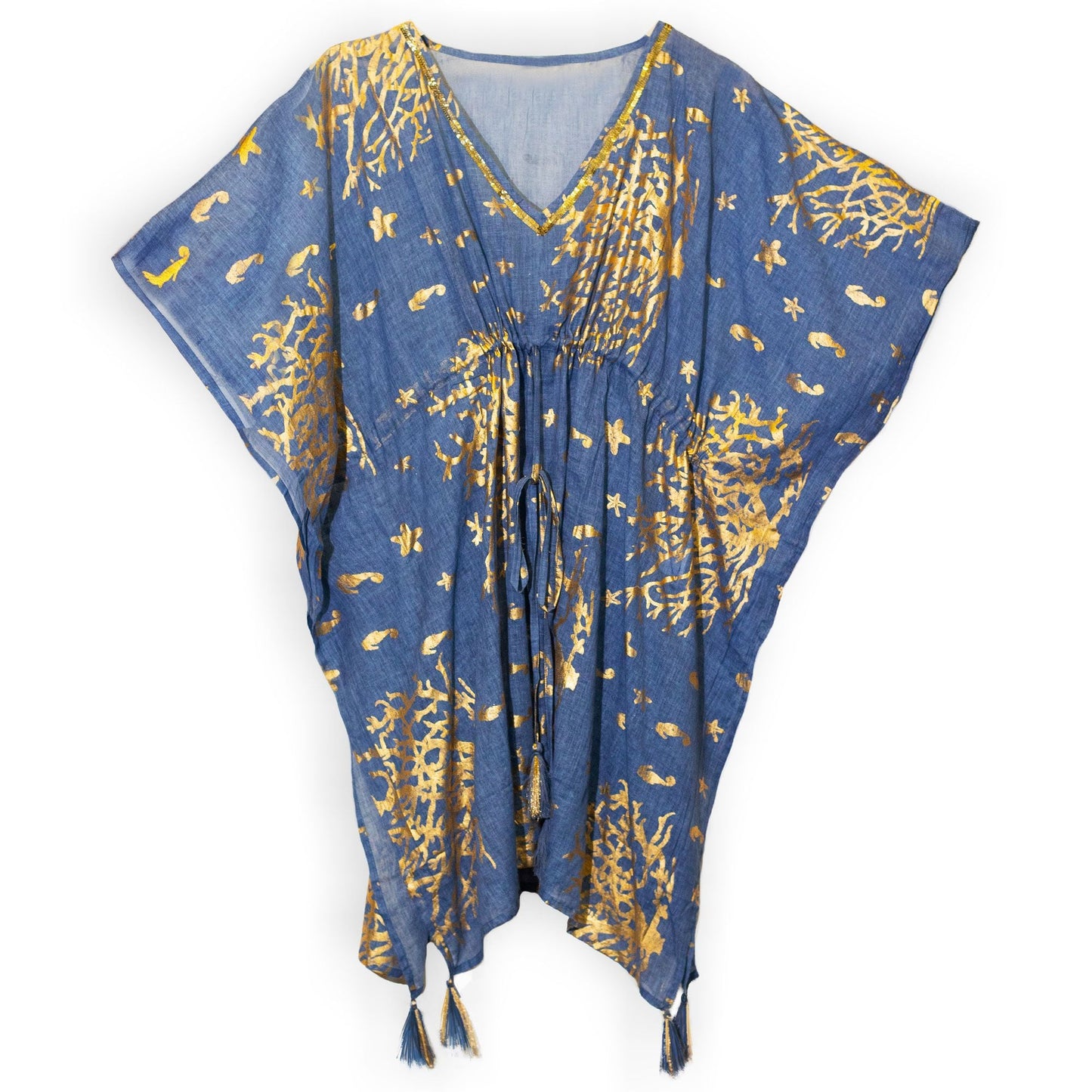 Nomad Sari Kaftan - Sea Blue with Gold Coral Print - Luna Panther