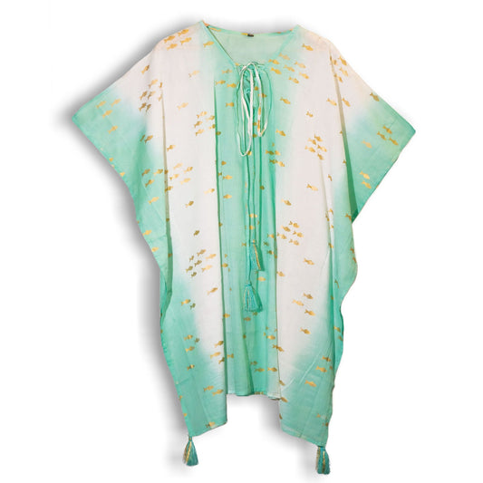 Nomad Sari Kaftan - White & Turquoise with Gold Fish Print - Luna Panther alternate view