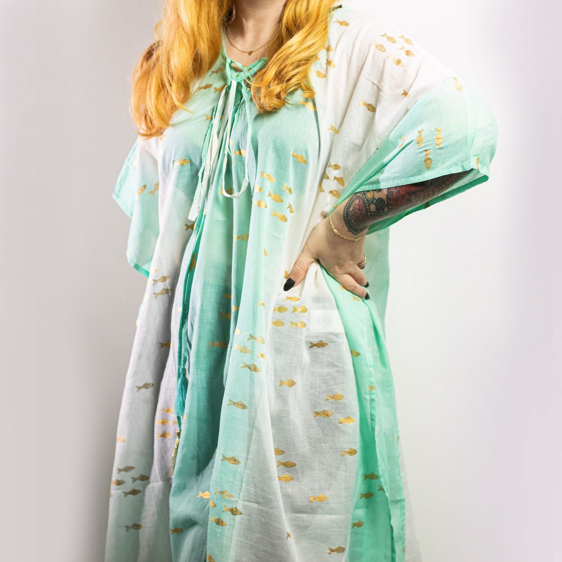 Nomad Sari Kaftan - White & Turquoise with Gold Fish Print - Luna Panther
