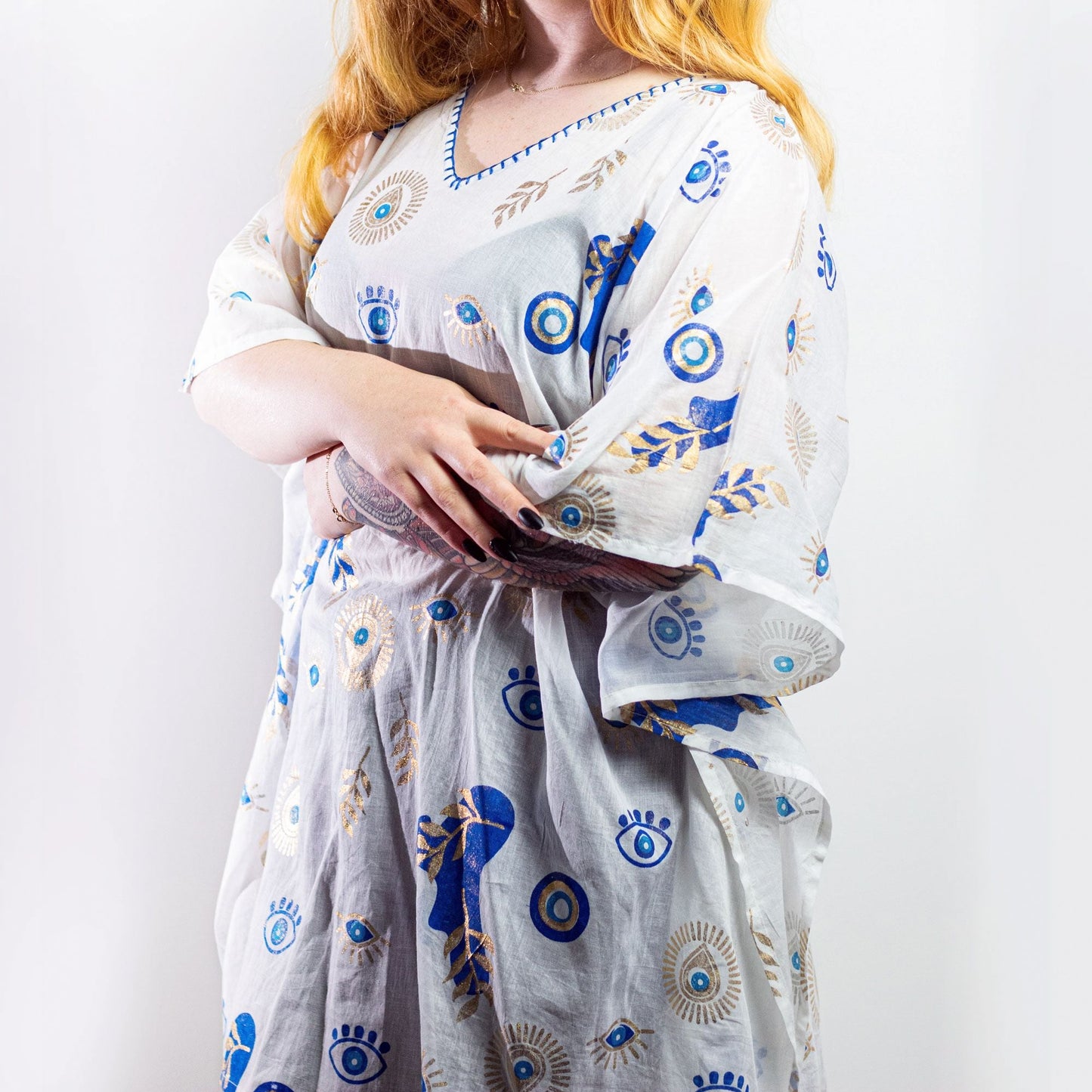 Nomad Sari Kaftan - White with Blue & Gold Evil Eye Print - Luna Panther