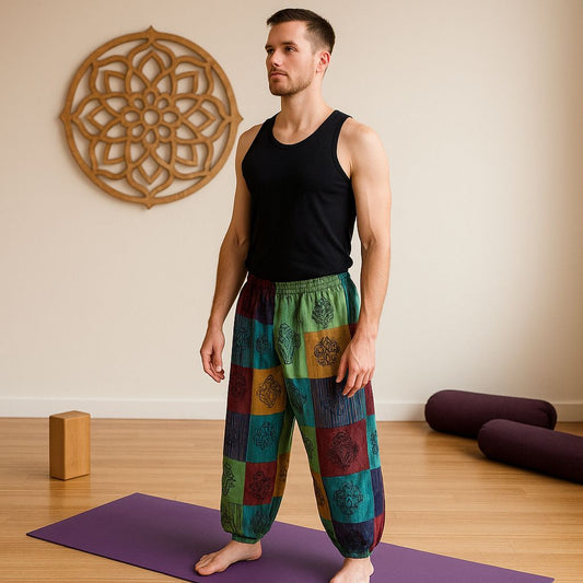 Polished Nomad Sari - Mushroom Pants - Block Print Designs - Green Tones L/XL featuring natural patterning and unique variations - Luna Panther