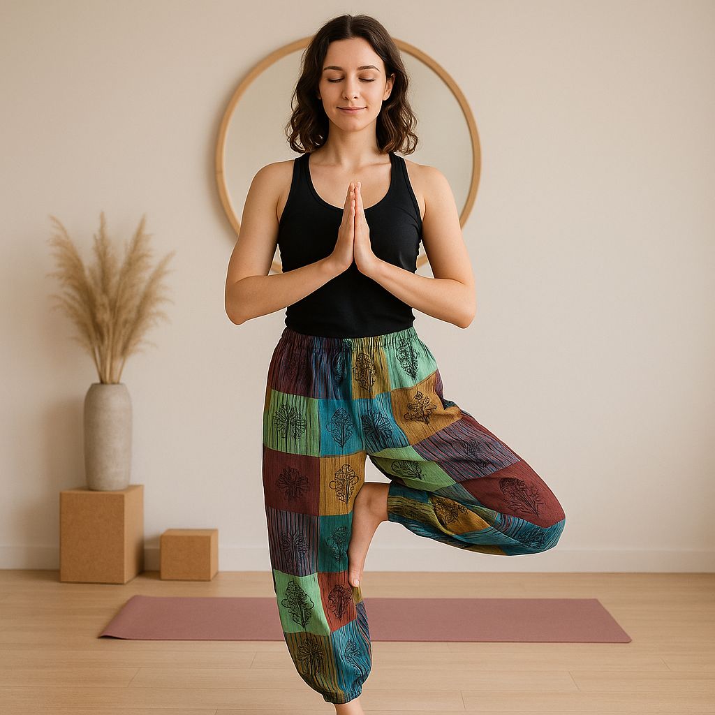 Polished Nomad Sari - Mushroom Pants - Block Print Designs -Green Tones S/M featuring natural patterning and unique variations - Luna Panther