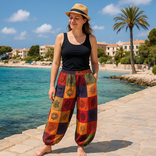 Polished Nomad Sari - Mushroom Pants - Block Print Designs - Orange Tones S/M featuring natural patterning and unique variations - Luna Panther