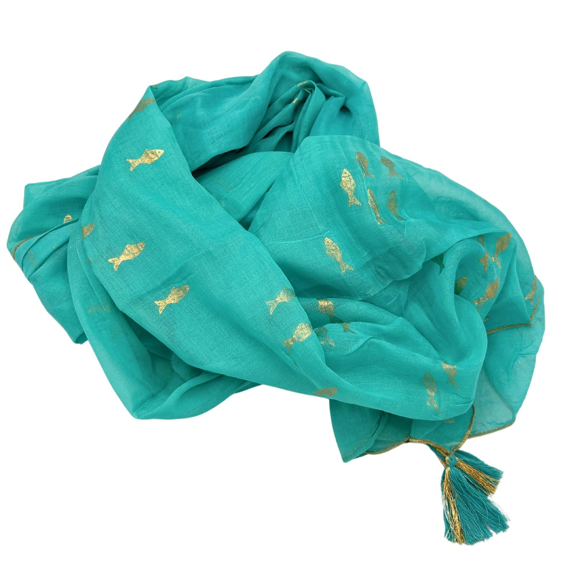 Nomad Sari Pareo - Turquoise & Gold Fish Print - Luna Panther