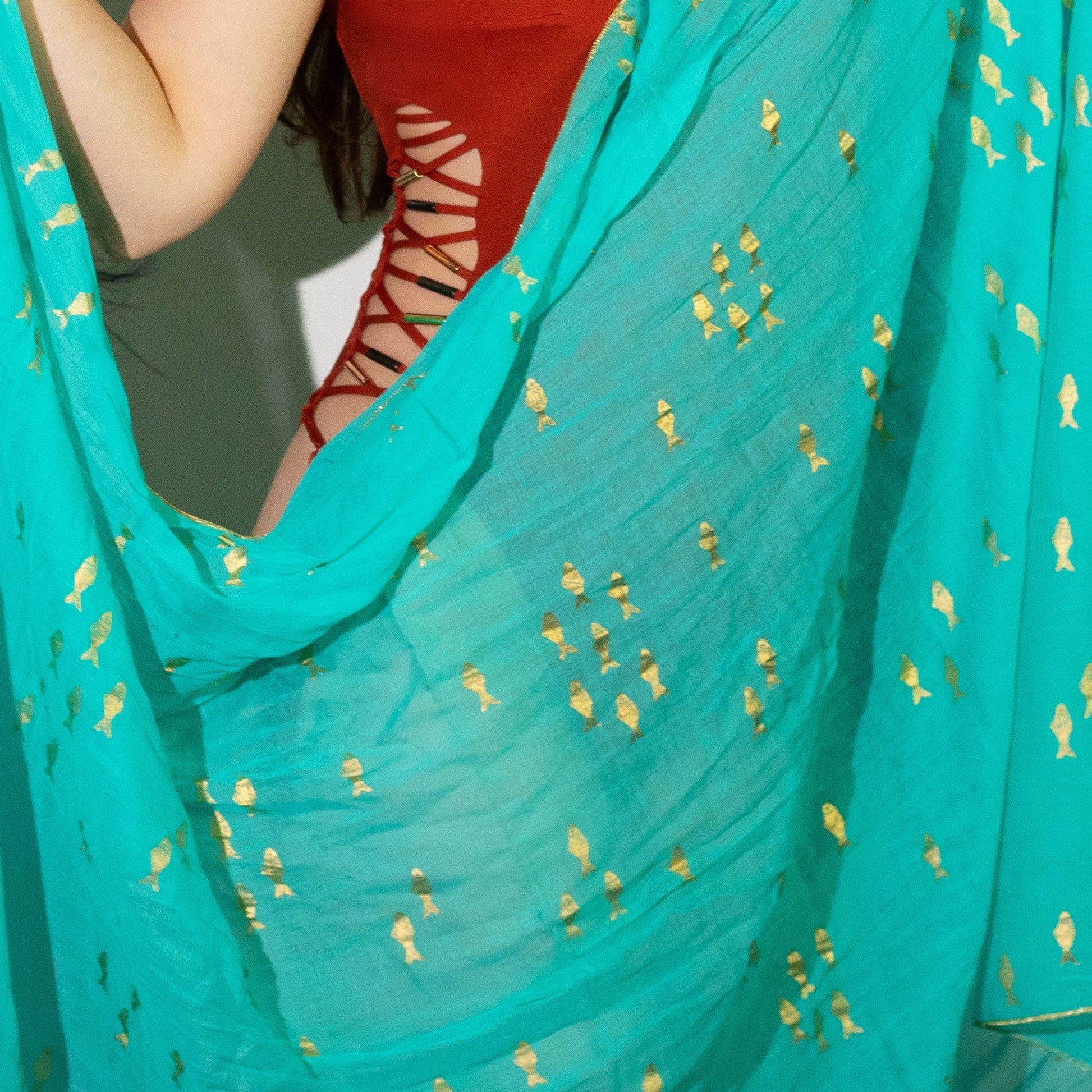 Nomad Sari Pareo - Turquoise & Gold Fish Print - Luna Panther