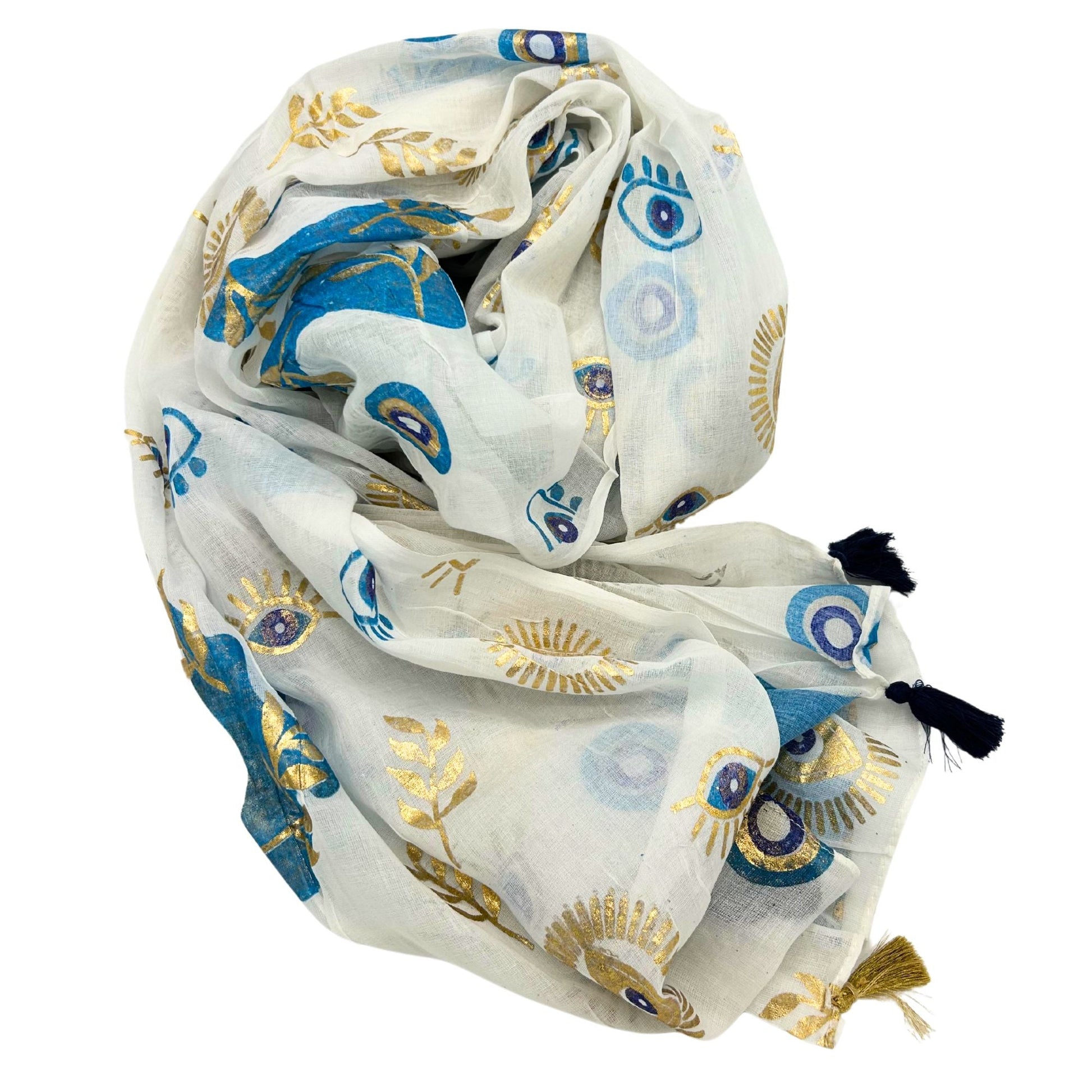 Nomad Sari Pareo - White, Blue & Gold Evil Eye Print - Luna Panther