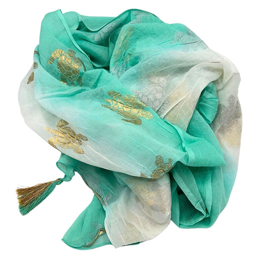 Nomad Sari Pareo - White & Turquoise with Gold Turtle Print - Luna Panther
