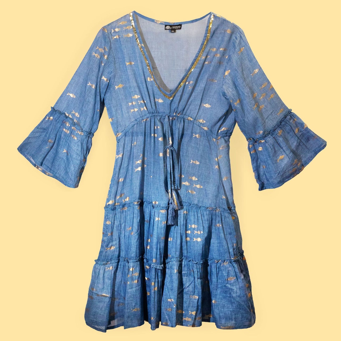 Nomad Sari Sea Blue & Gold Fish Print Dress (M/L) - Luna Panther