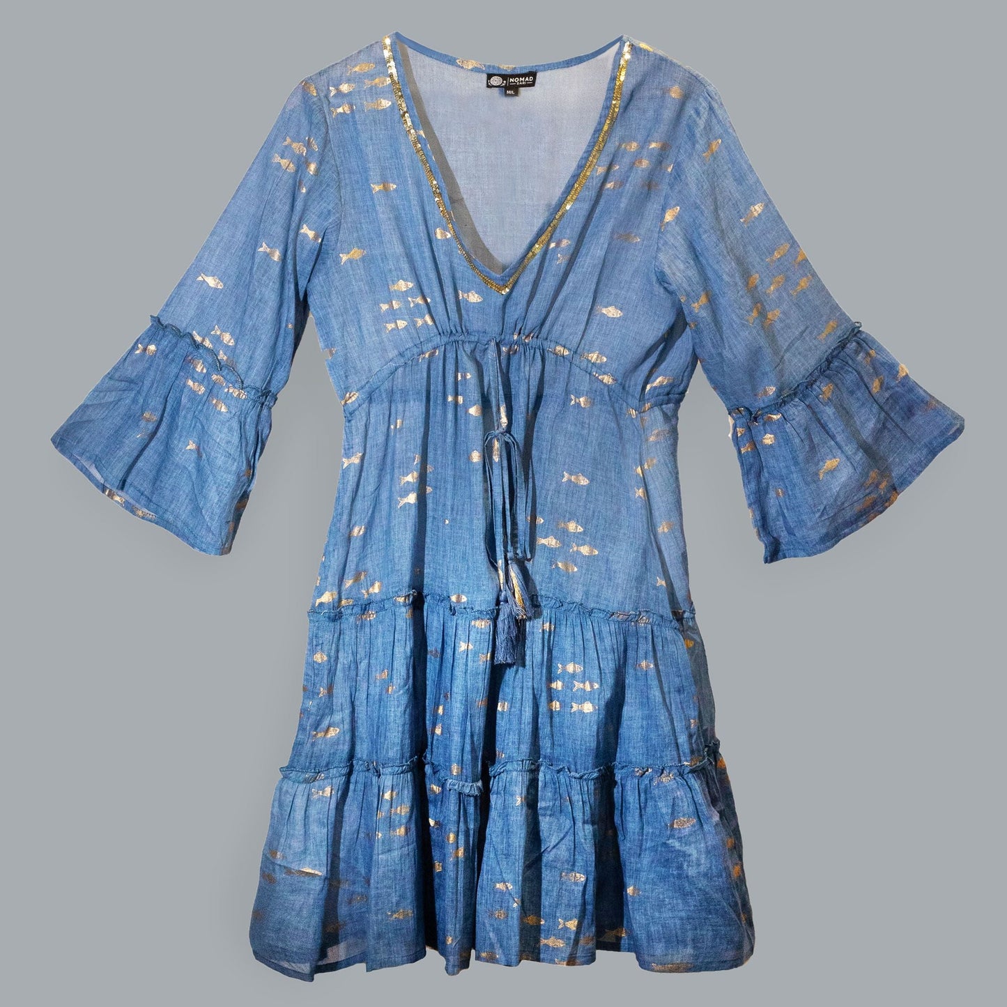 Nomad Sari Sea Blue & Gold Fish Print Dress (M/L) - Luna Panther